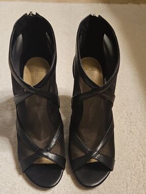 Nine West Black Mesh Crisscross Peep-Toe Ankle Heels